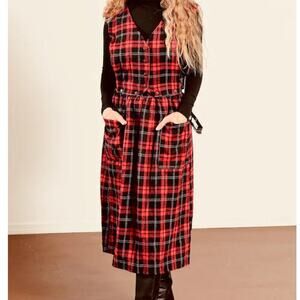 Vintage You Babes Tartan Jumper Dress Size 11 Plaid Pockets Multicolor